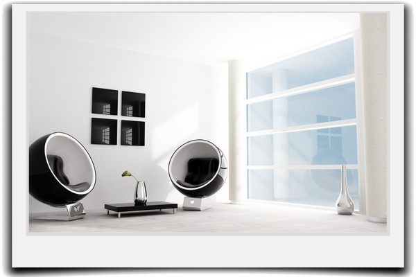 bright black and white living room with fashion armchair